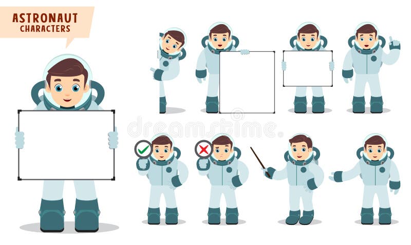 Set de caractere pentru copii-astronaut. spaceman care deține tablă albă goală pentru text vector illustration