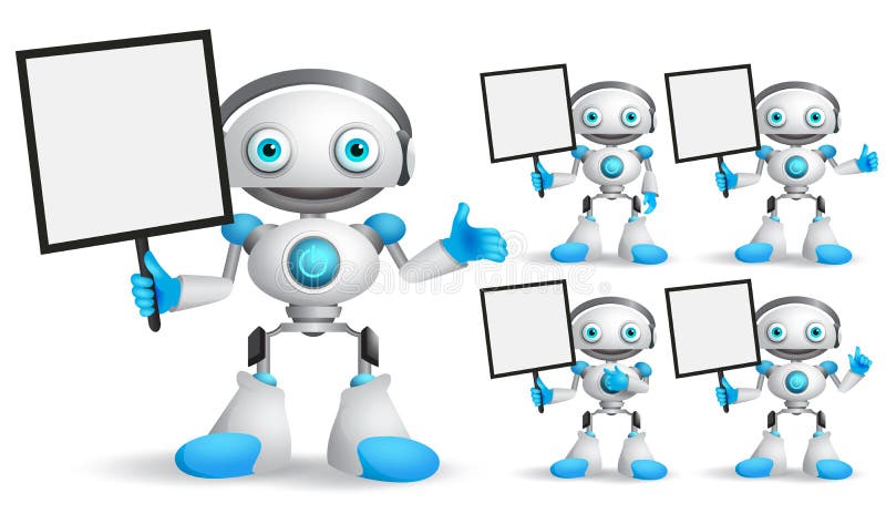 Set de caractere pentru vectorul robot alb în picioare în timp ce se păstrează o plăcuță goală stock illustration