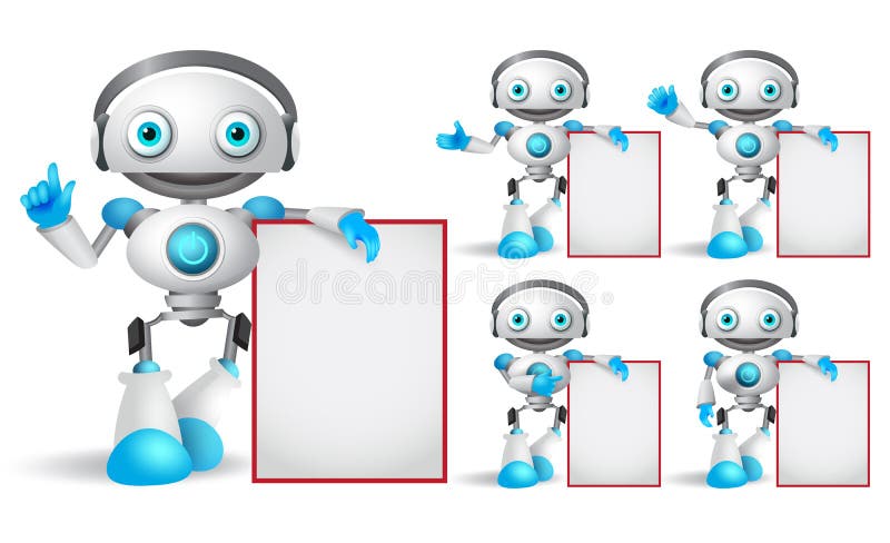 Set de caractere pentru vectorul robot alb în picioare în timp ce se păstrează tabla albă goală royalty free illustration
