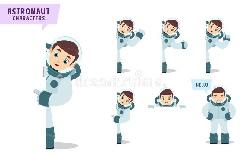Set de caractere vectoriale astronauți. personaj din desene animate spațiale care vorbește și arată tablă albă goală stock illustration