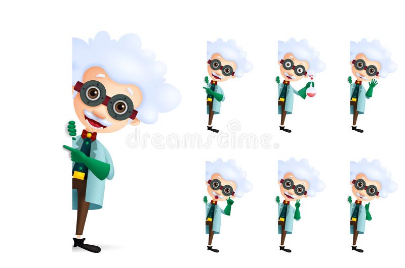 Set de caractere vectoriale pentru om de știință care arată spațiu alb gol sau tablă goală pentru text cu diferite gesturi de pozi vector illustration