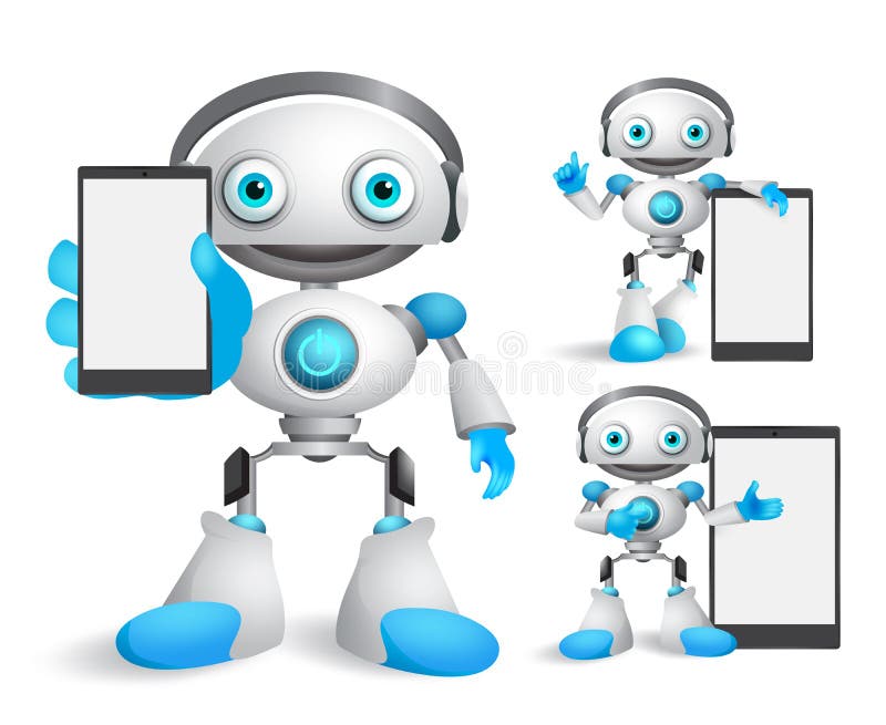 Set de caractere vectoriale pentru robot care deține gadget-ul pentru telefon mobil vector illustration