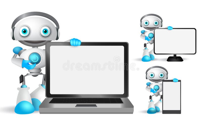 Set de caractere vectoriale pentru roboți, care păstrează telefonul mobil pentru notebook stock illustration