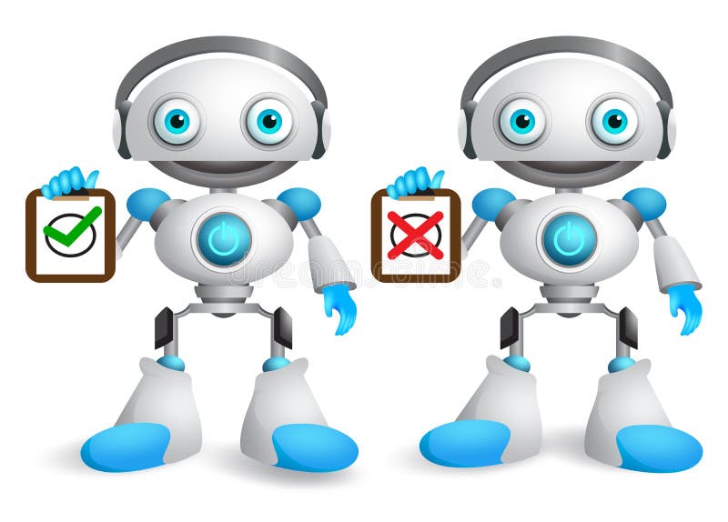 Set de caractere vectoriale robot. android robotic prietenos care deține bord alb stock illustration
