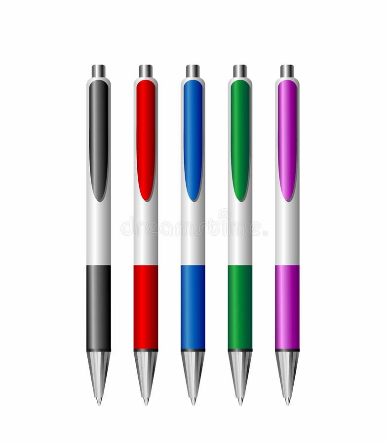 Set de cinci stilouri colorate realiste stock illustration