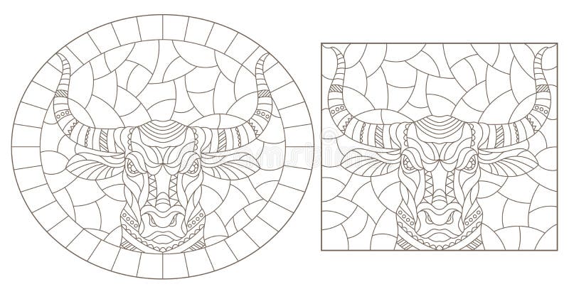 Set de contururi cu ilustrații ale ferestrelor din sticlă colorată, cu cap de taur oval și contururi oblice de imagine dreptunghiu royalty free illustration