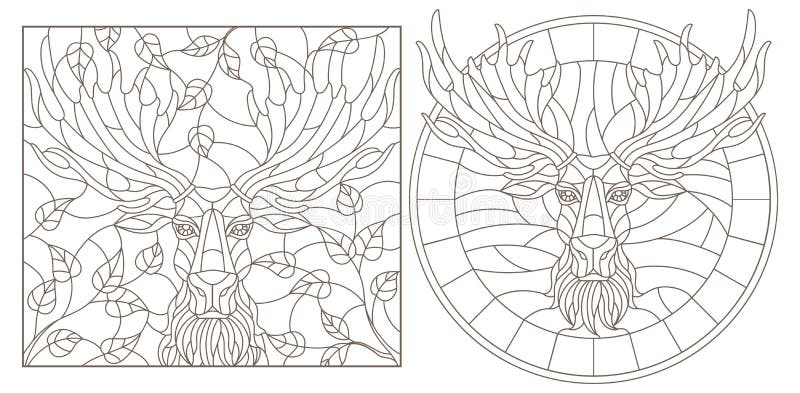 Set de contururi cu ilustrații ale ferestrelor din sticlă colorată, cu o formă rotundă a capetelor de elan și contururi întunecate vector illustration
