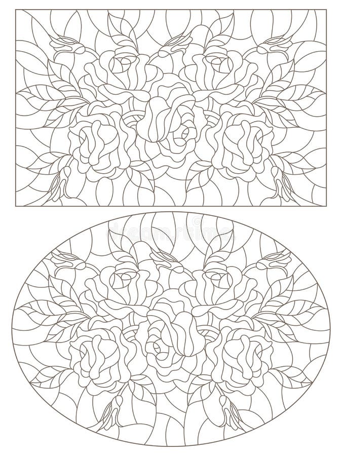 Set de contururi cu ilustrații ale ferestrelor din sticlă colorată cu trandafiri ovalenți și contururi întunecate cu imagine drept vector illustration