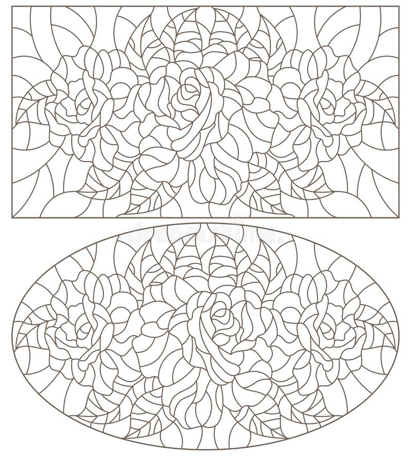 Set de contururi cu ilustrații ale ferestrelor din sticlă colorată cu trandafiri ovalenți și contururi întunecate cu imagine drept vector illustration
