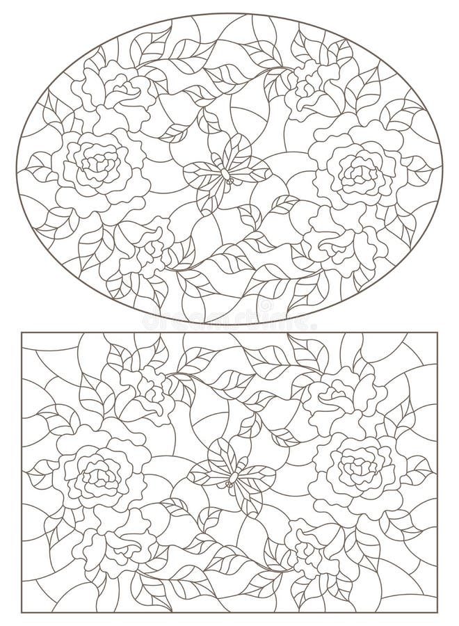Set de contururi cu ilustrații ale ferestrelor din sticlă colorată cu trandafiri și fluturi oval și dreptunghiular, contururi întu vector illustration