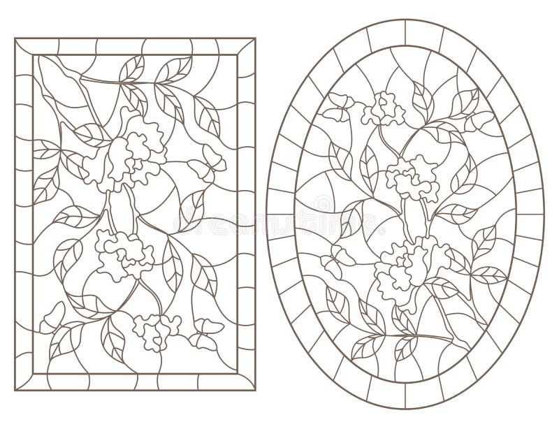 Set de contururi cu ilustrații ale ferestrelor din sticlă colorată cu tufișuri de trandafiri și fluturi oval și cu imagine dreptun stock illustration