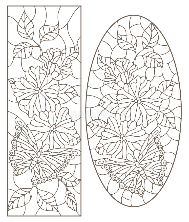 Set de contururi cu ilustrații ale ferestrelor din sticlă securizată cu flori și fluturi oval și dreptunghiular, contururi întunec vector illustration