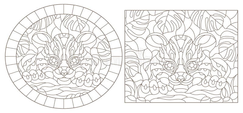 Set de contururi cu ilustrații ale sticlei colorate cu ghepard pe fundalul plantelor tropicale rotunde și al imaginii pătrate întu vector illustration