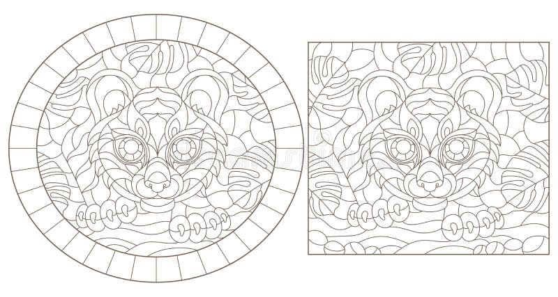 Set de contururi cu ilustrații ale sticlei colorate cu un tigru pe fundalul plantelor tropicale rotunde și cu imagine pătrată întu royalty free illustration