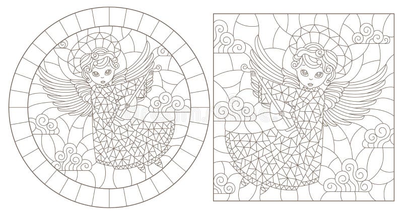 Set de contururi cu ilustrații ale sticlei colorate cu îngeri, cu contururi oblici și rectangulare întunecate pe fond alb royalty free illustration