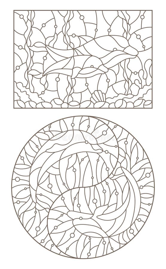 Set de contururi cu ilustrații de către delfini, contururi întunecate cu imagine rotundă și dreptunghiulară, pe fond deschis vector illustration