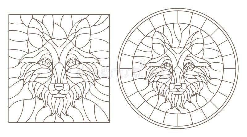 Set de contururi cu ilustrații din sticlă colorată cu conturul capului vulpii și conturul imaginii pătratice pe fond alb vector illustration