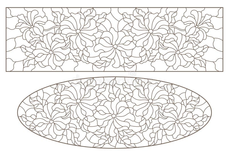 Set de contururi cu ilustrații din sticlă colorată, cu flori de formă ovală și de formă dreptunghiulară, contururi întunecate pe o royalty free illustration