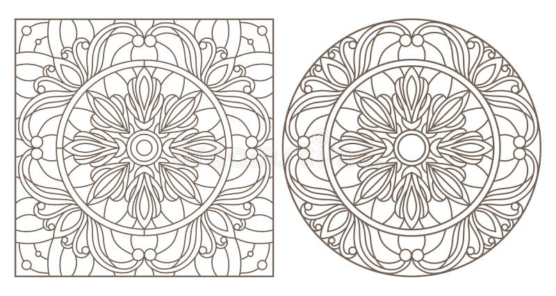 Set de contururi cu ilustrații cu modele florale abstracte rotunde și contururi întunecate cu imagine pătrată pe fond alb vector illustration