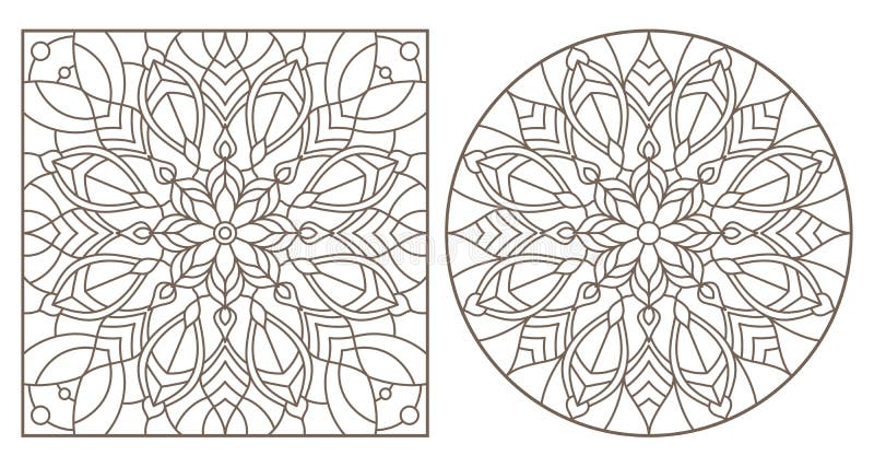Set de contururi cu ilustrații cu modele florale abstracte rotunde și contururi întunecate cu imagine pătrată pe fond alb royalty free illustration