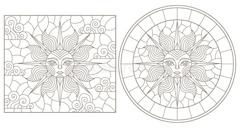 Set de contururi cu ilustrații de soare colorat din sticlă cu contur rotund față și contur pătrat întunecat pe un ecran alb royalty free illustration