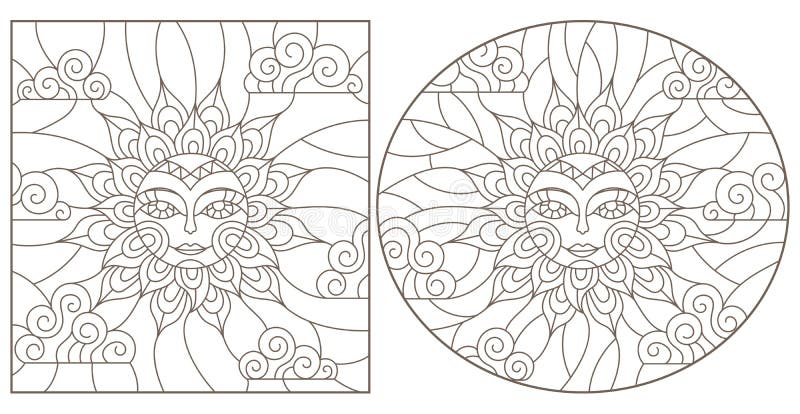 Set de contururi cu ilustrații de soare colorat din sticlă cu formă ovală față și cu contur negru pătrat pe un fond alb izolat vector illustration