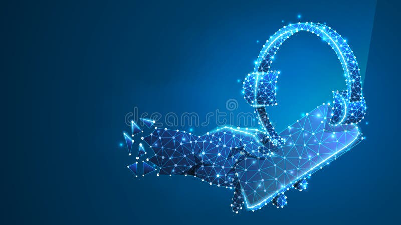 Set de căști. căști cu microfon pe un ecran telefonic. contor digital abstract cu cadru redus poligonal-f albastru royalty free illustration