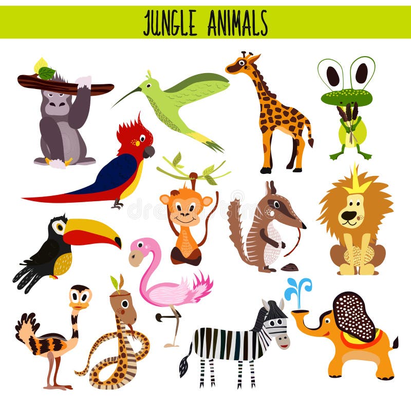 Set de desene animate de animale drăguțe Maimuță leu zebră șarpe elefant și pasăre toucan flamingo colibri junglă tropicală și ume vector illustration