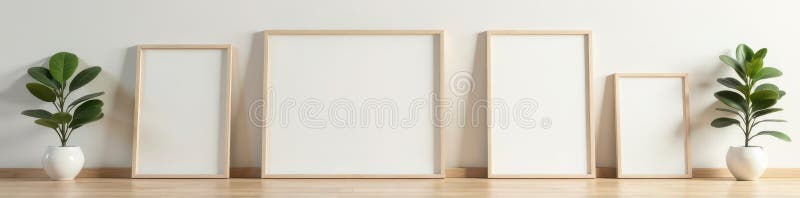 Set de diferite cadre din lemn ușor de dimensiuni reduse pe un perete texturat, de dimensiuni minime pentru camere stock illustration