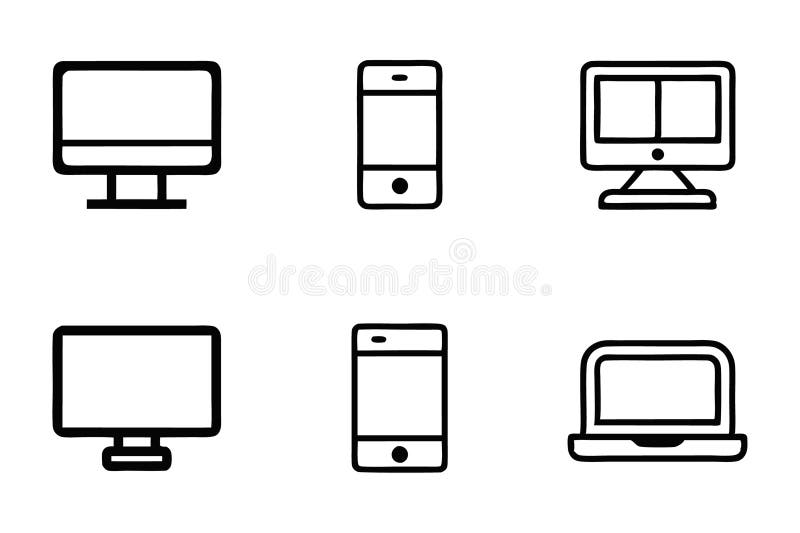 Set de dispozitive digitale, cum ar fi calculatoare, smartphone-uri și laptopuri, ideal pentru aplicații mobile UI și interfață we stock illustration