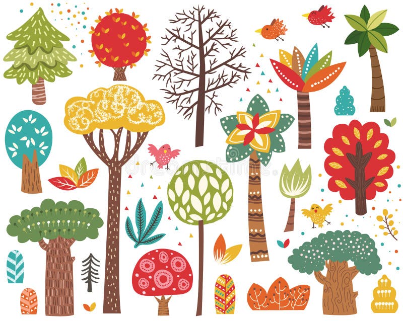 Set de elemente colorate drăguțe din arbori royalty free illustration