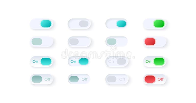 Set de elemente Flip Button ui. alegeți setarea. pe și în afara switch-urilor, bara de pictogramă a vectorului izolat și șablonul tabloului de bord. colecție de widgeturi pentru design Web pentru aplicația mobilă cu interfață cu tema Lumină