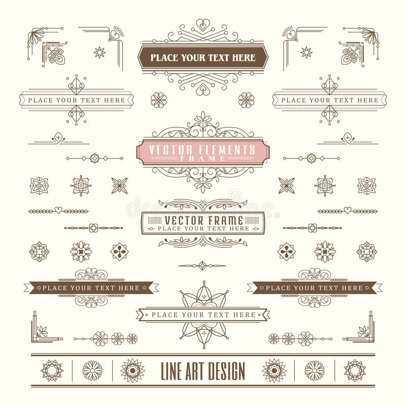 Set de elemente de proiectare retrovizoare liniare de artă subțire deco cu insignă pentru colțul cadrului vector illustration