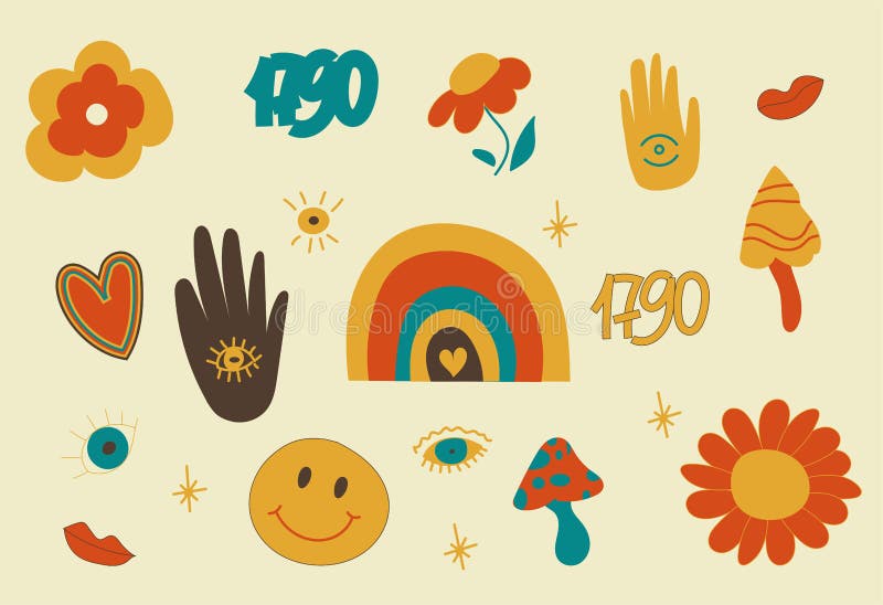 Set de elemente în stilul vibilor din 1970. ciuperci psihedelice amulete ochi curcubeu cu inimă. punct vectorial royalty free illustration