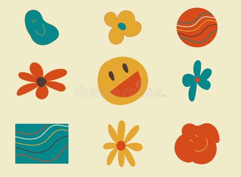 Set de elemente în stilul vibilor din 1970. ciuperci psihedelice amulete ochi curcubeu cu inimă. punct vectorial stock illustration