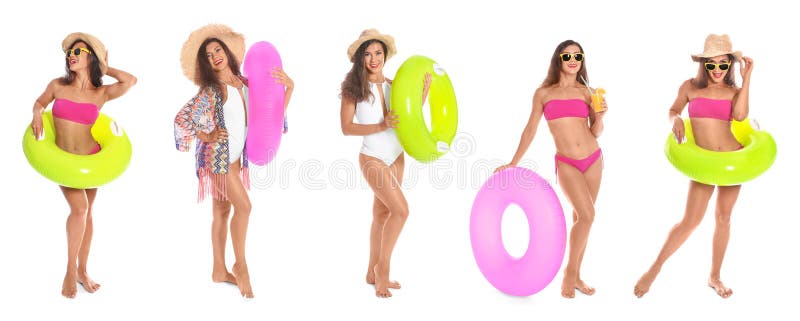 Set de femei frumoase cu inele gonflabile stock photography