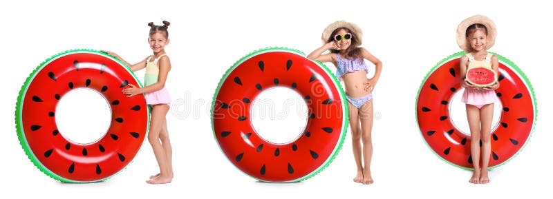 Set de fetita dragut cu inele gonflabile pe alb royalty free stock images