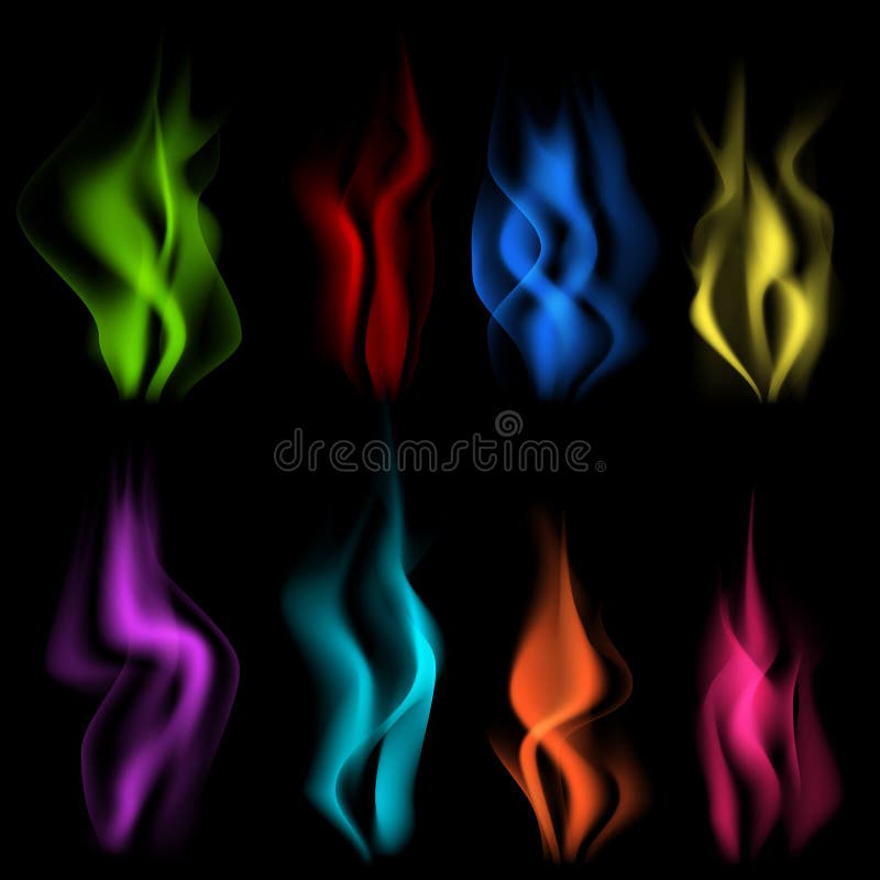 Set de fum colorat transparent izolat. fum realist și izolat colorat sau abur colorat. set realist stock illustration