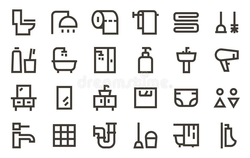Set de icoane toaletă baie. Vector minimalist geometric line design pentru igiena obiectelor sanitare WC Home design interior stock illustration