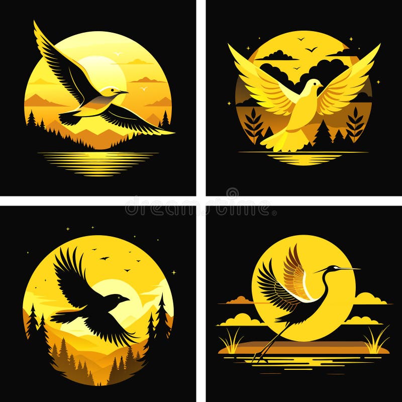 Set de ilustrații color cu diferite păsări zburătoare vector illustration