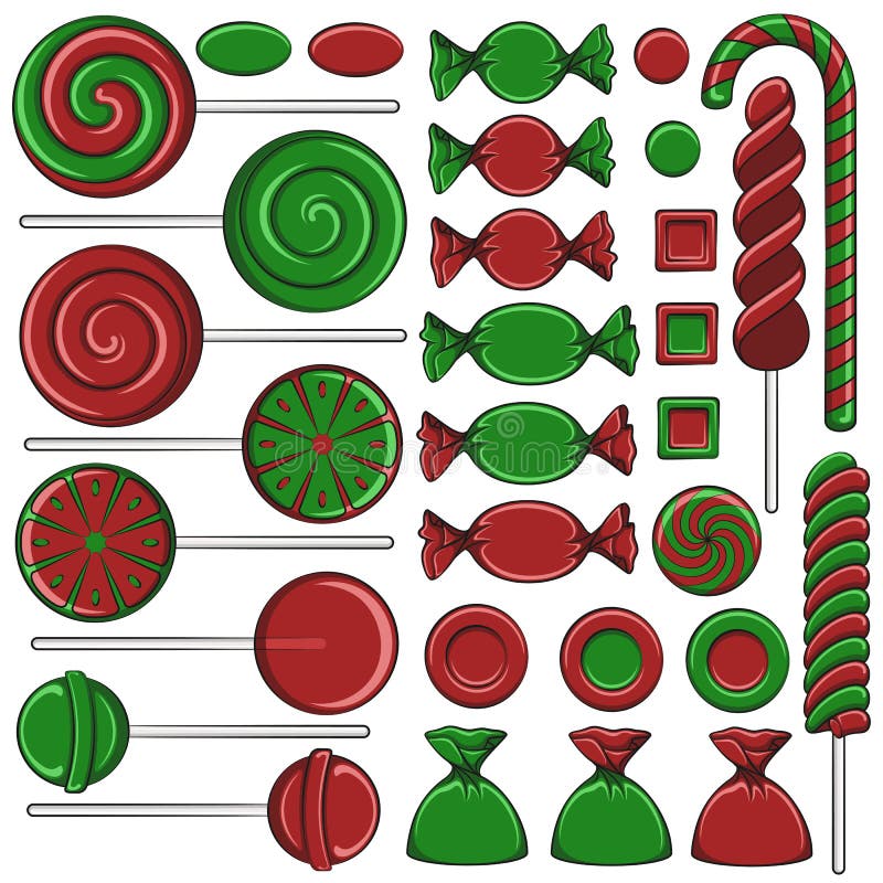 Set de ilustrații color cu dulciuri roșii și verzi de Crăciun. obiecte vectoriale izolate. stock illustration
