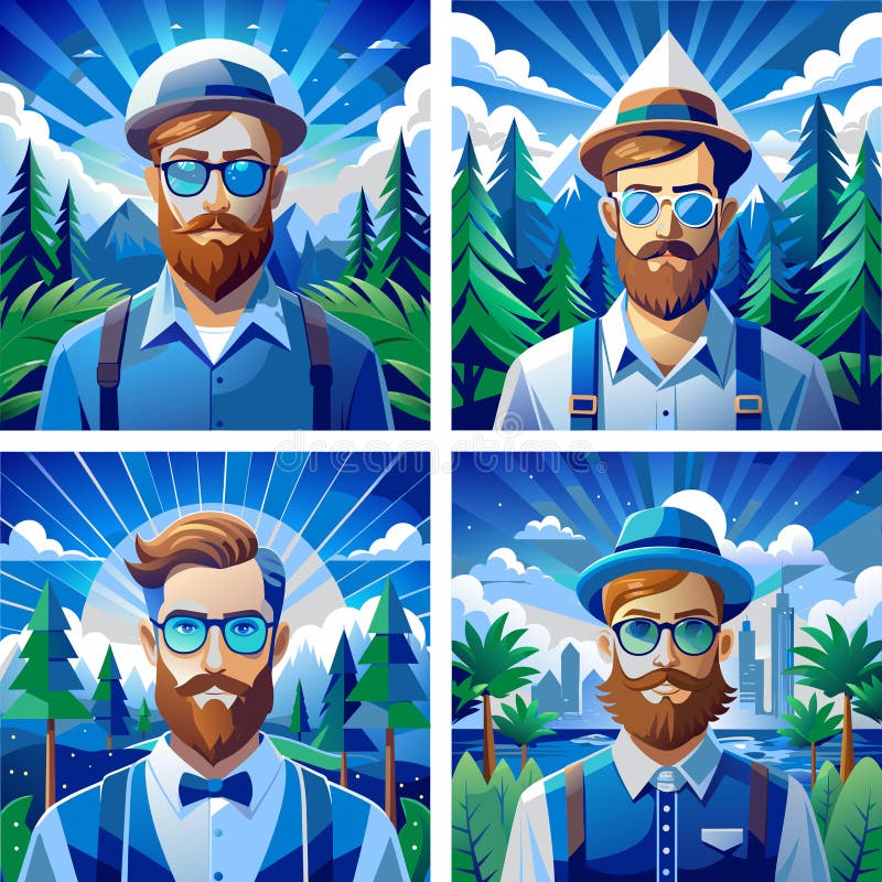 Set de ilustrații color cu hipsteri cu barbă în ochelari de soare stock illustration