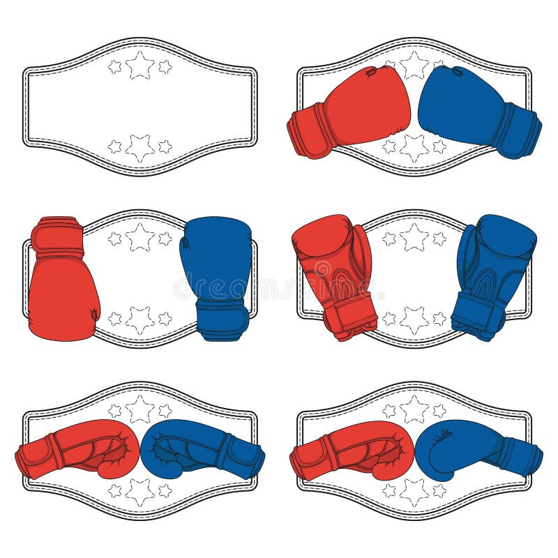Set de ilustrații color cu mănuși de box roșii și albastre și cu o centură pentru câștigători. obiecte vectoriale izolate. vector illustration
