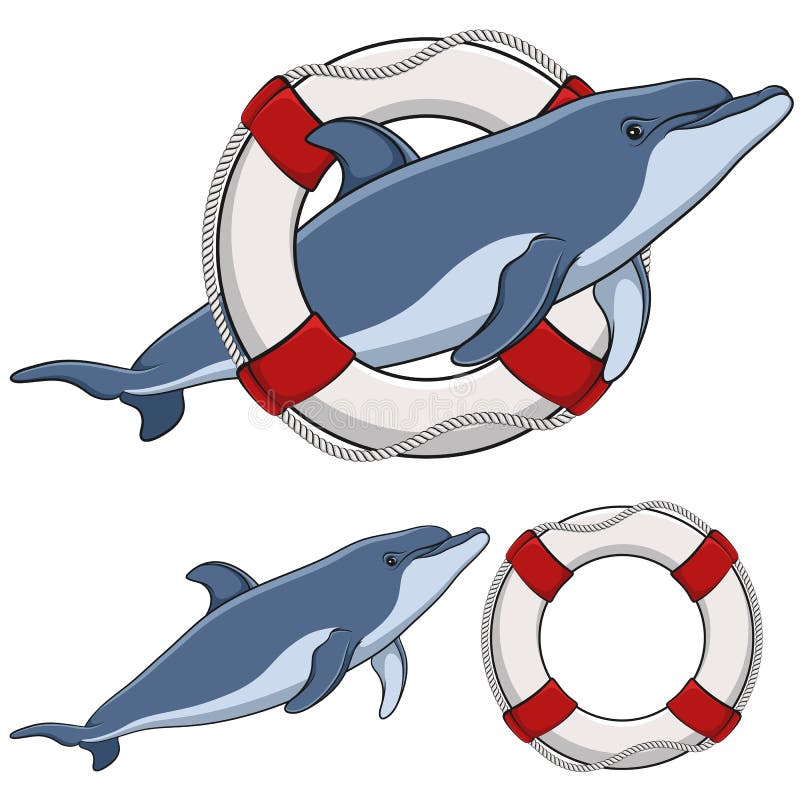 Set de ilustrații color cu un delfin și o geamandură. obiecte izolate. royalty free illustration