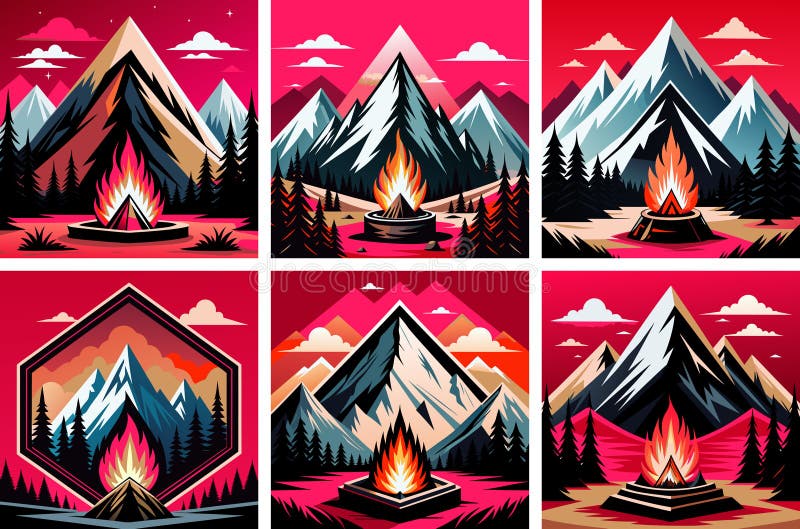 Set de ilustrații color cu un foc de tabără împotriva fundului munților și al pădurii royalty free illustration