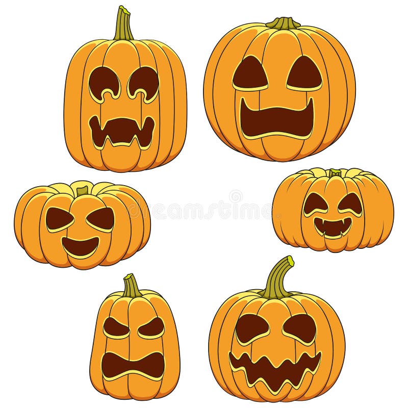 Set de ilustrații color de dovleci cu fețe de Halloween. obiecte vectoriale izolate. stock illustration