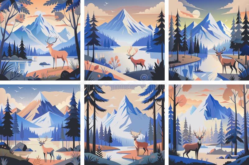 Set de ilustrații color pe tema toamnei cu o căprioară în pădure stock illustration