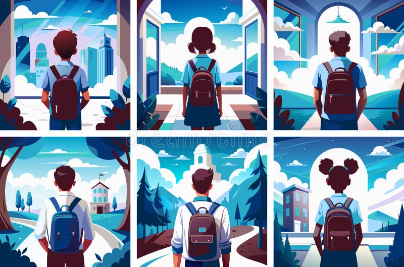 Set de ilustrații color pe tema toamnei cu un elev și un rucsac vector illustration