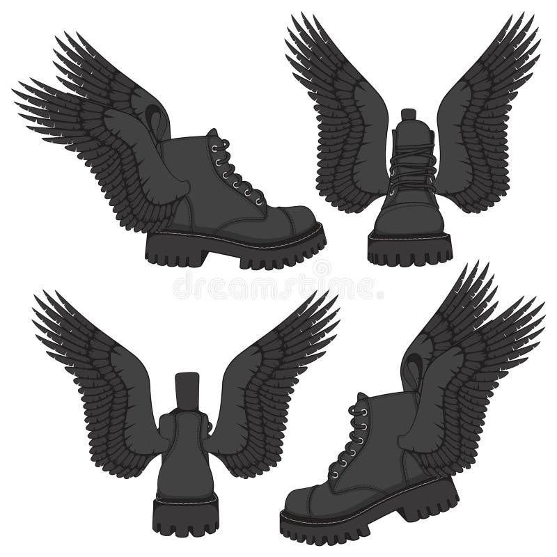 Set de ilustrații color pentru ghetele negre cu aripi. obiecte vectoriale izolate. vector illustration
