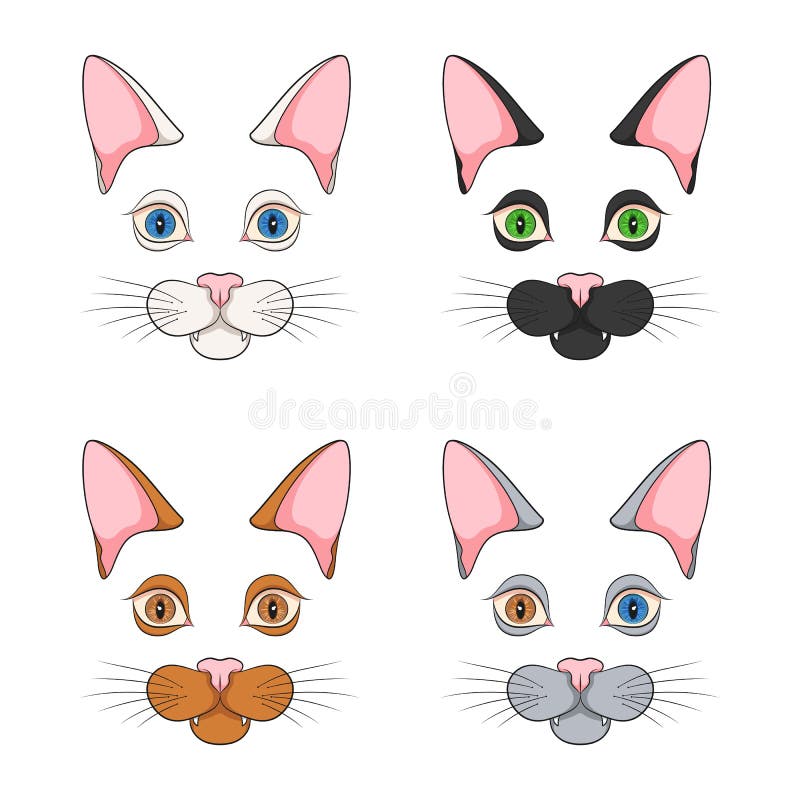Set de ilustrații de culori cu fețe de pisică cu botniță. obiecte vectoriale izolate. vector illustration